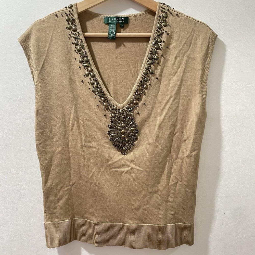 Lauren Ralph Lauren Silk Blend Beaded V-Neck Sweater Tank Vest Tan Medium Y2K